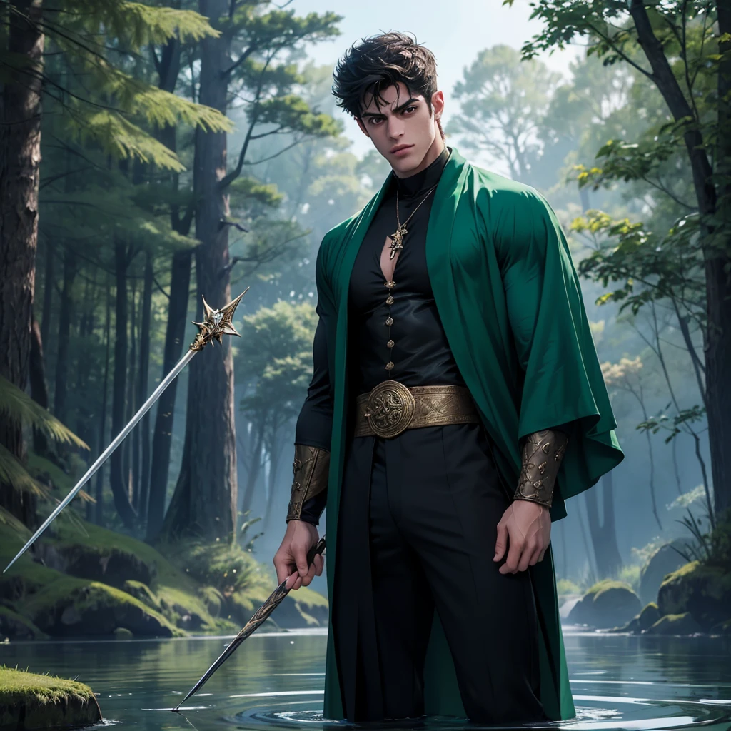 a muscular handsome wizard, (face : Matthew Daddario), extremely detailed face, perfect face, short hairstyle, looking at the viewer majestically, emerald green robe, black pants, wood wand with emerald crystal, wand in hand, sexy look, wizard hat, smooth skin, standing on a lake, doing nature magic,
