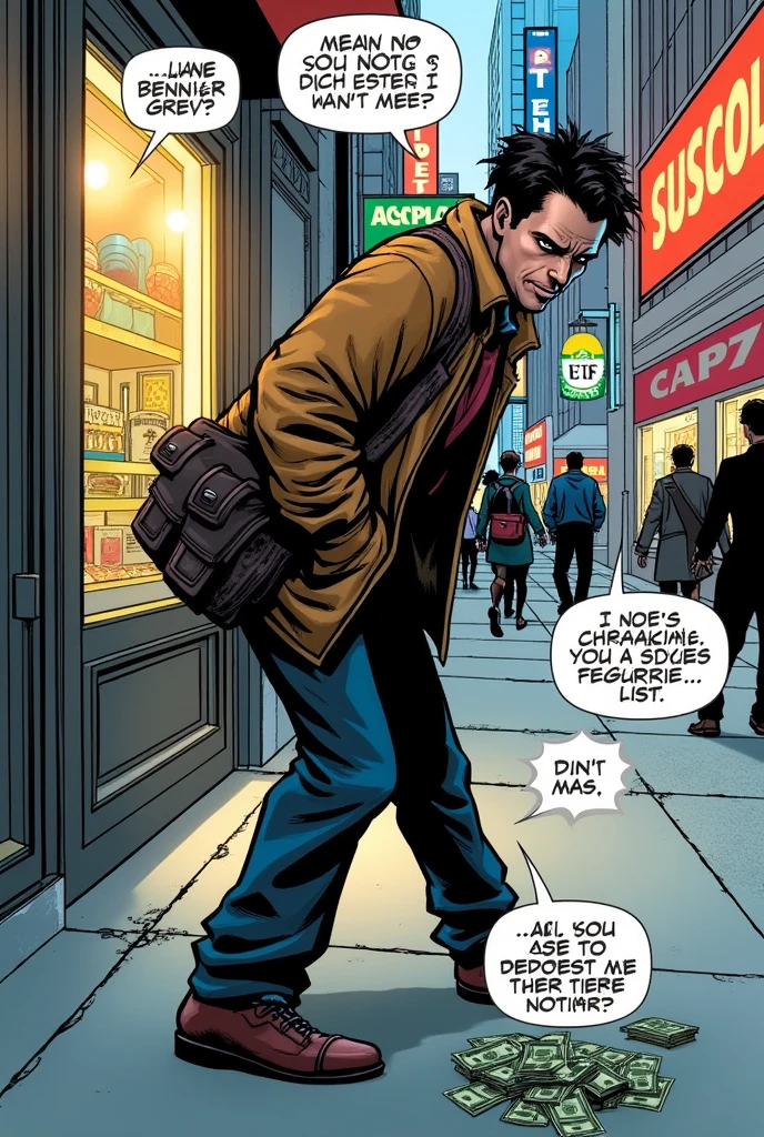 Two images, A comic book, Image of a person putting money in their pocket, representing dishonesty. The person found money that wasn't theirs and took it for themselves. Represent this act of dishonesty in an image. Como A comic book
