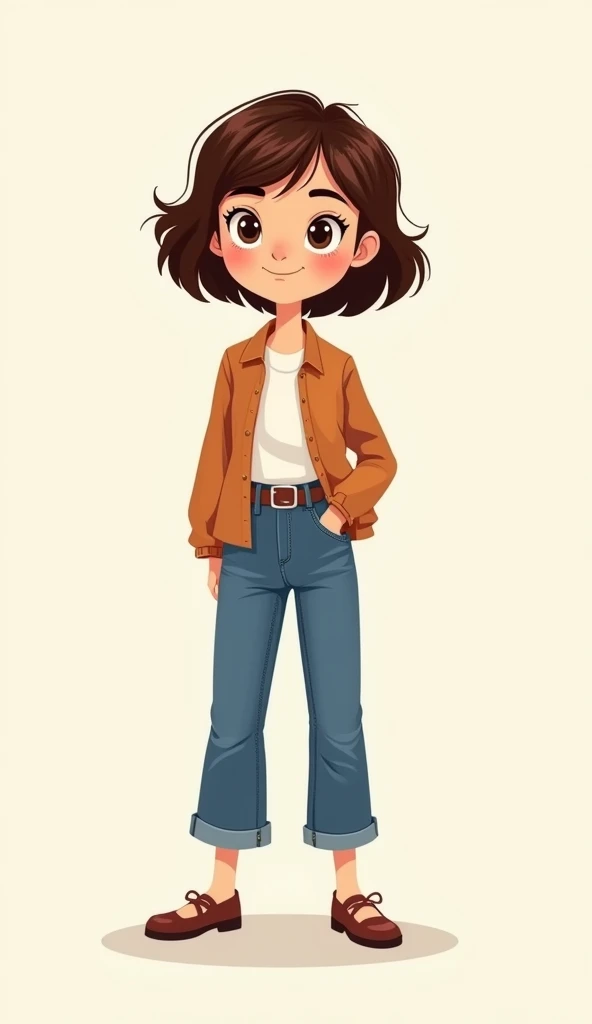 Draw a funny unique character girl. That tells Joke. And she is standing straight. Like a cartoon with lines in a boundary. She has brown short hairs. Brown eyes. And her age is 20.
No expressions on her face or body. She is standing straight.
And the background is plan.
She has a funny character.
She is wearing a good jeans and shirt. Well dressed.
She is a Gen Z girl.
So make a simple unique girl character