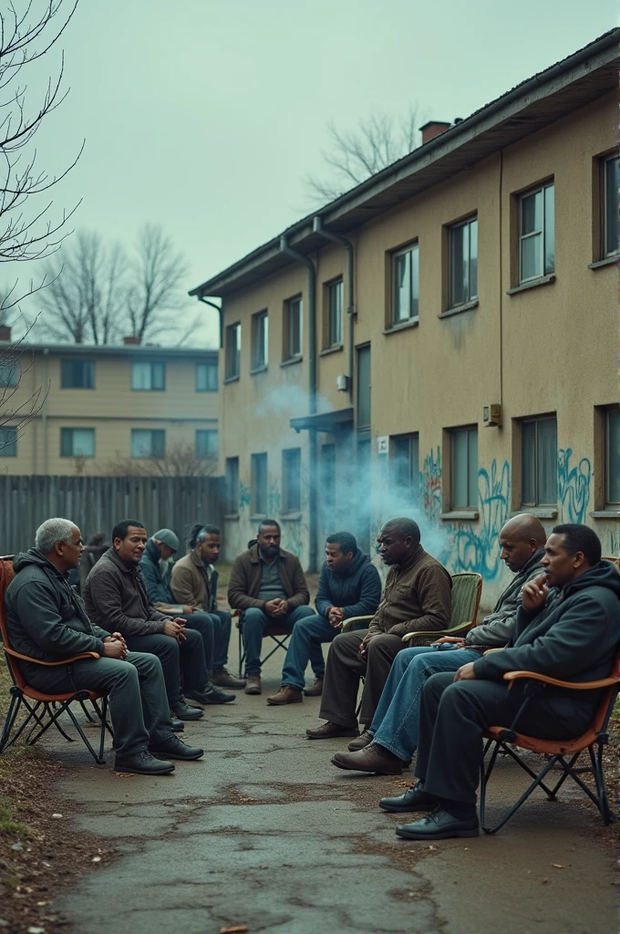 A bunch of homeless crazy people standing around a low-income condominium building and some of them sitting in lawn chairs smoking cigarettes other ones wandering around talking to themselves looking crazy.