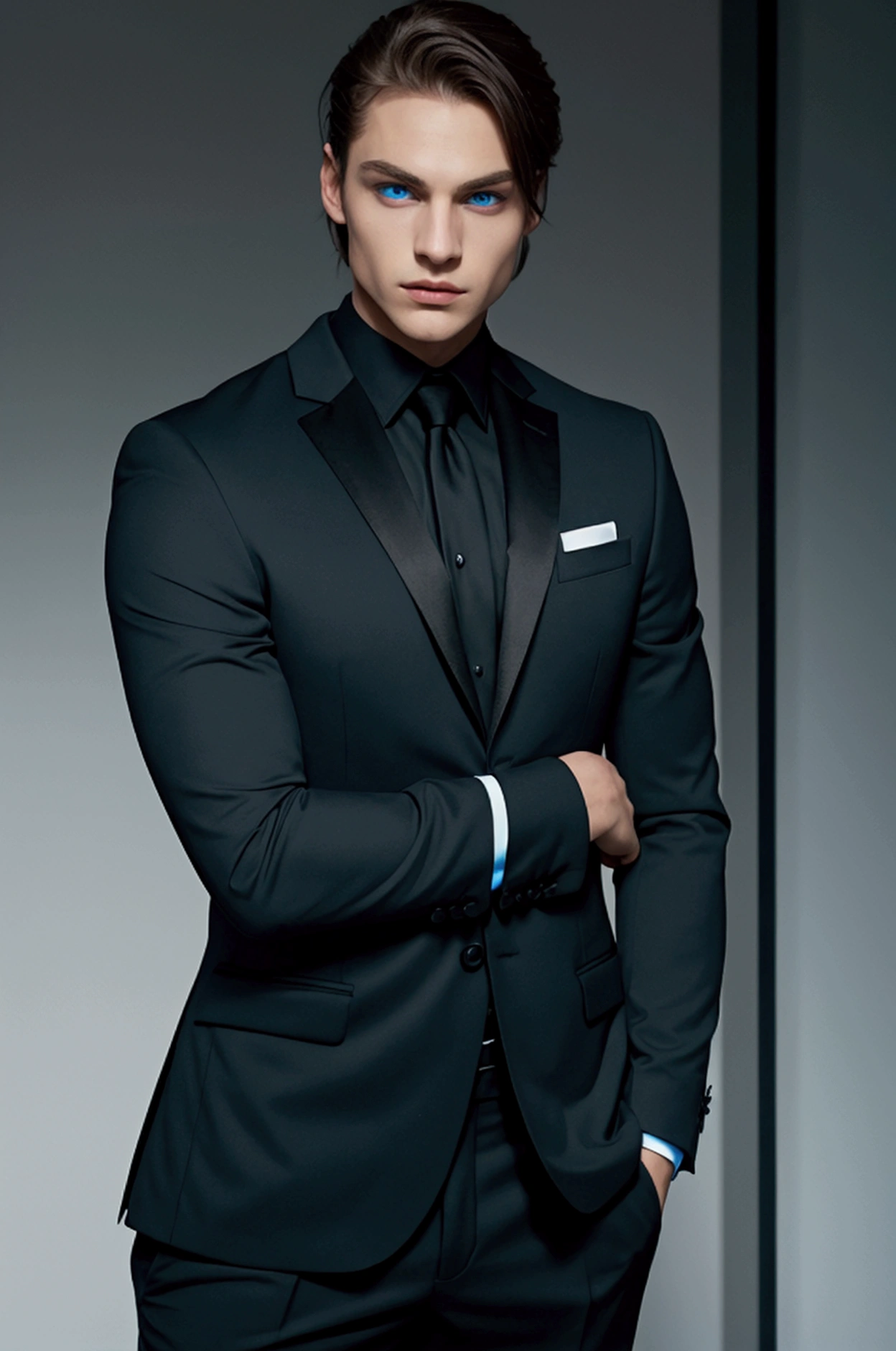 athletic man with blue eyes dressed in a matching black suit