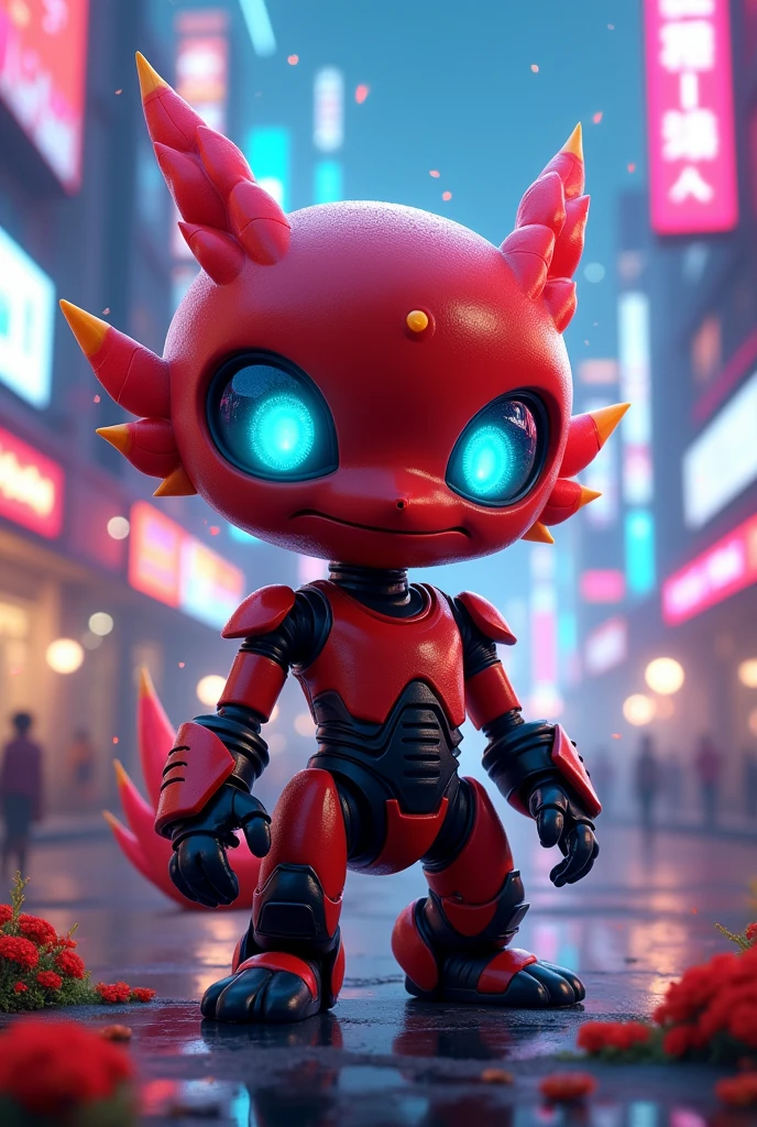 A baby Digimon with a robotic appearance, red skin and black parts 