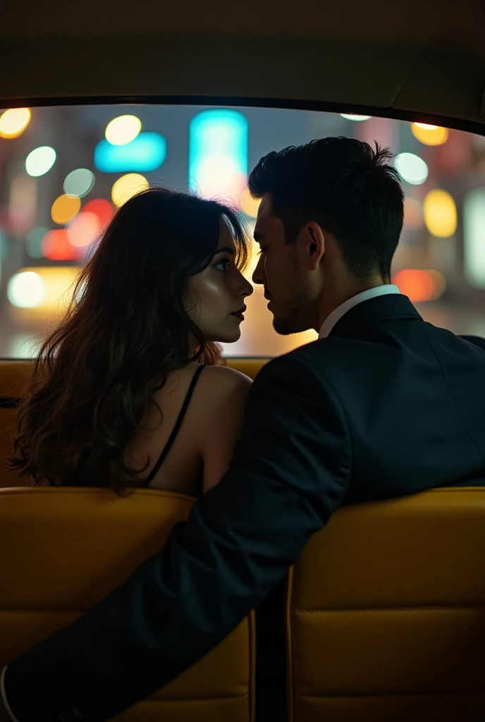 man and woman in a luxury car dating,kissing, white dress, dark sensual image, portrait style