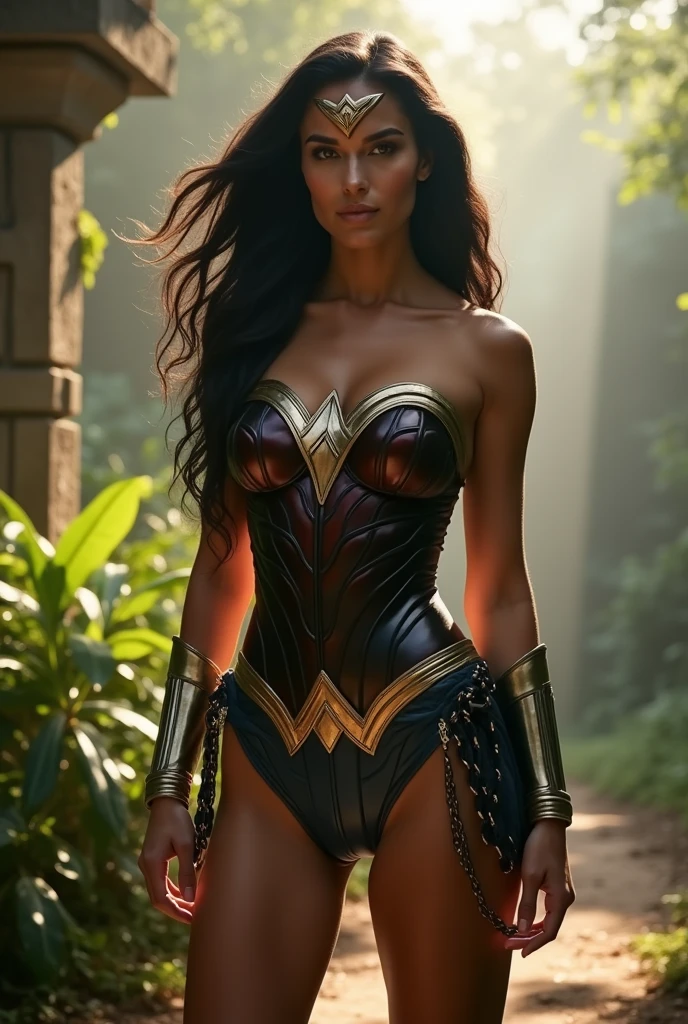A beautiful woman, Adriana Lima, under the mantle of the Amazonian warrior Diana of Themiscyra, alias Wonder Woman, is a tall Caucasian woman with a muscular physique and black hair., Long and flowing, reaching her back. She wears a black leather jumpsuit that covers her entire body and arms with golden borders beneath her breasts and at her waist in the form of a belt. A silver choker around her neck, a sleek silver tiara on her forehead beneath her hair. Wonder Woman 84 Movie costume.