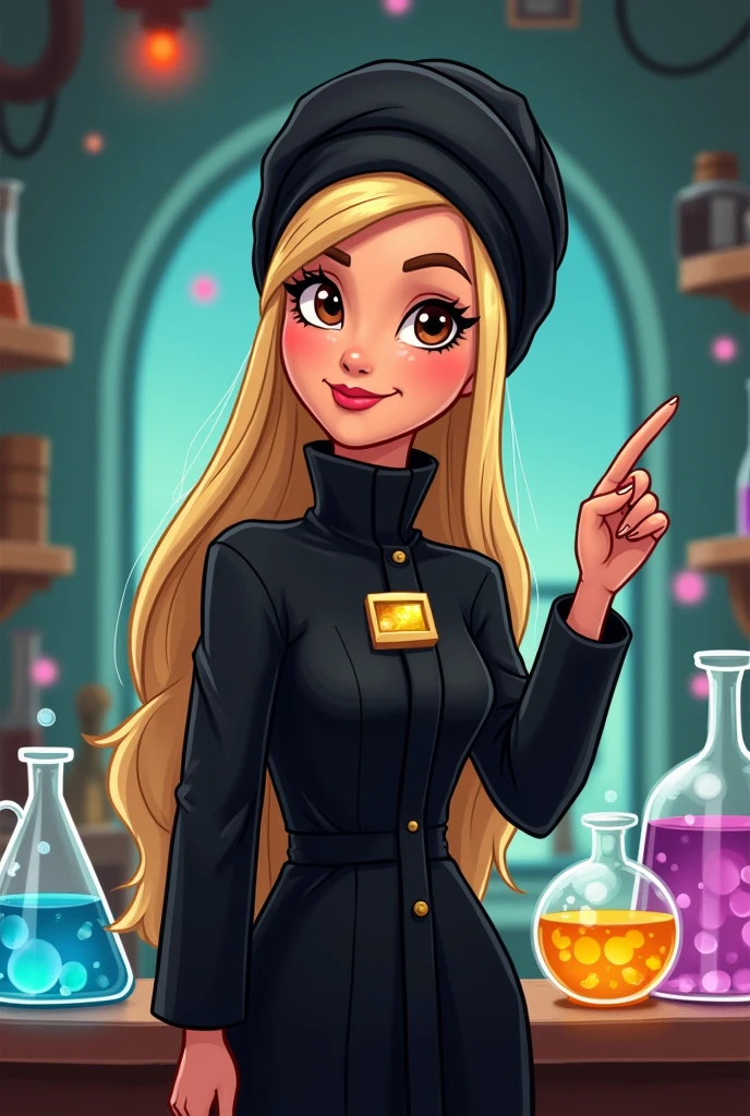 Make a Disney style drawing, professional in a black lab coat, rectangular golden brooch, straight blonde hair, comprido, eyes browns, wearing a black turban, natural round, Round face, chubby, mature woman in her 50s, with hands pointing to the right side 