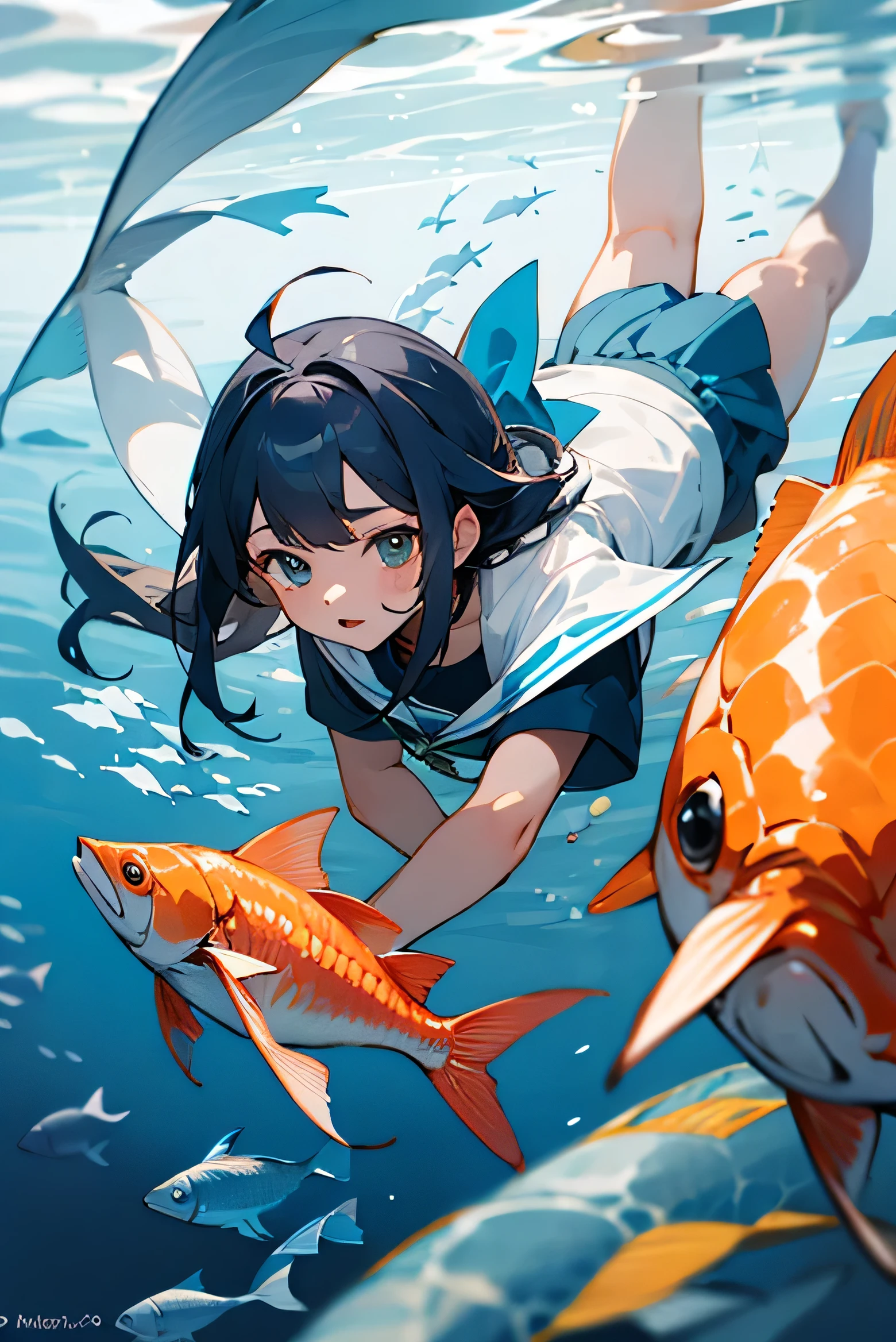 An anime girl in a swimsuit on a beach submerged in the water, observing a beautiful goldfish