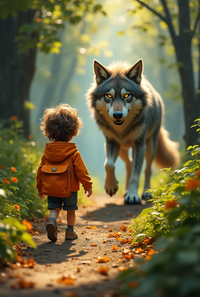 a house child, with wavy hair, orange bag with a hood and shorts , He was walking when he came across a fierce and evil wolf. (deceived