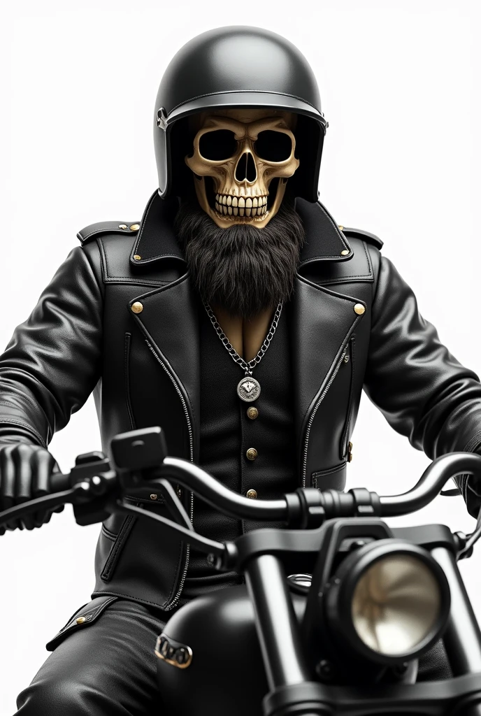 3d type image in drawing, Caveira with a beard, black motorcycle helmet, skeleton body, black leather vest open over a black leather jacket, silver soldier-style cord, sitting on a low black motorcycle with high handlebars with a white background.