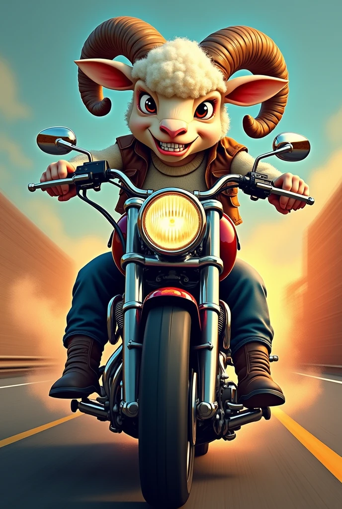 Lamb with a mean face, cartoon on top of motorcycle seen from the front, for motorcycle rider's vest 
