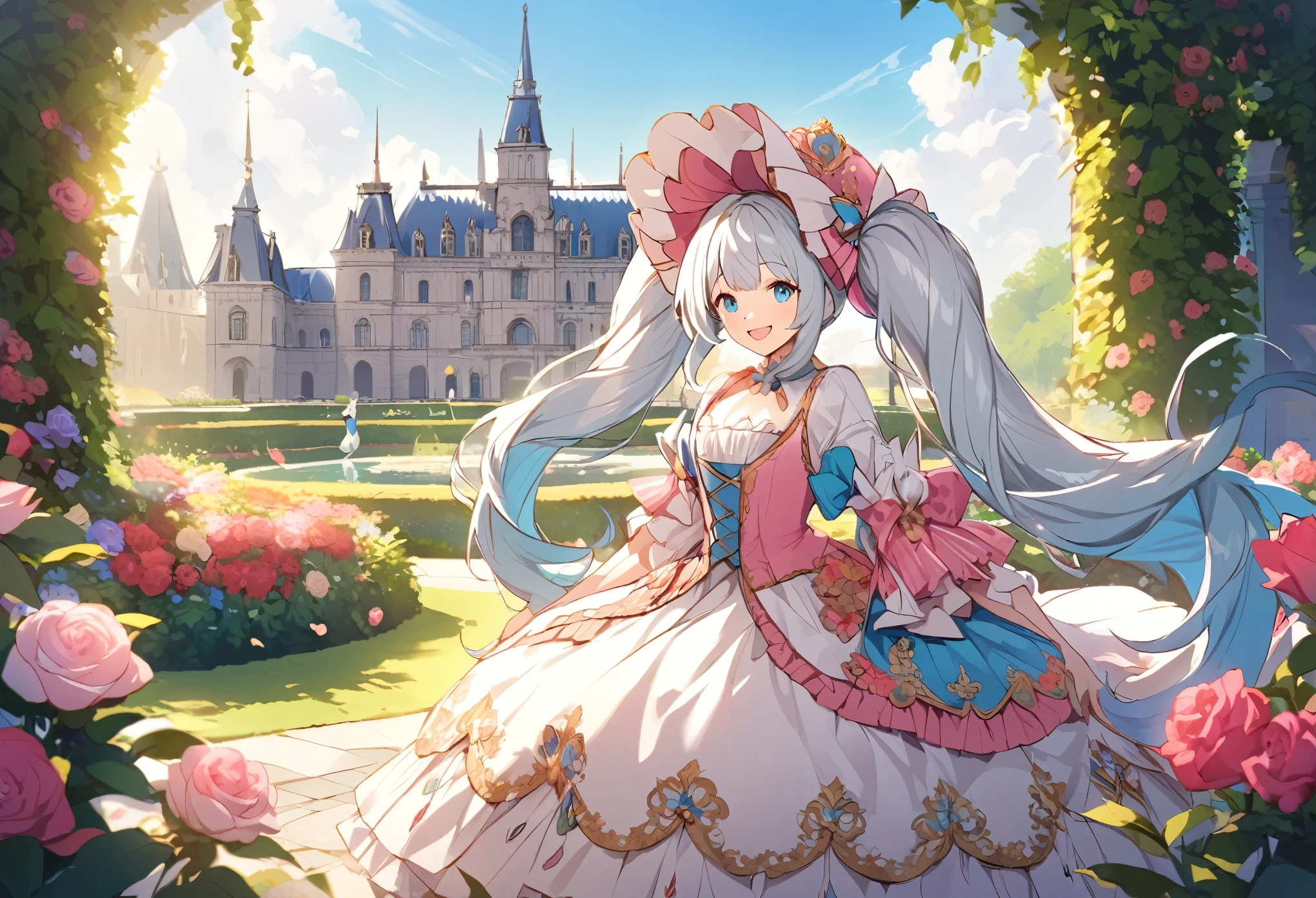 Light blue long hair、Beautiful girl with twin tails、Marie Antoinette costume、Magnificent imperial attire、Bright smile、The vast gardens of a grand castle