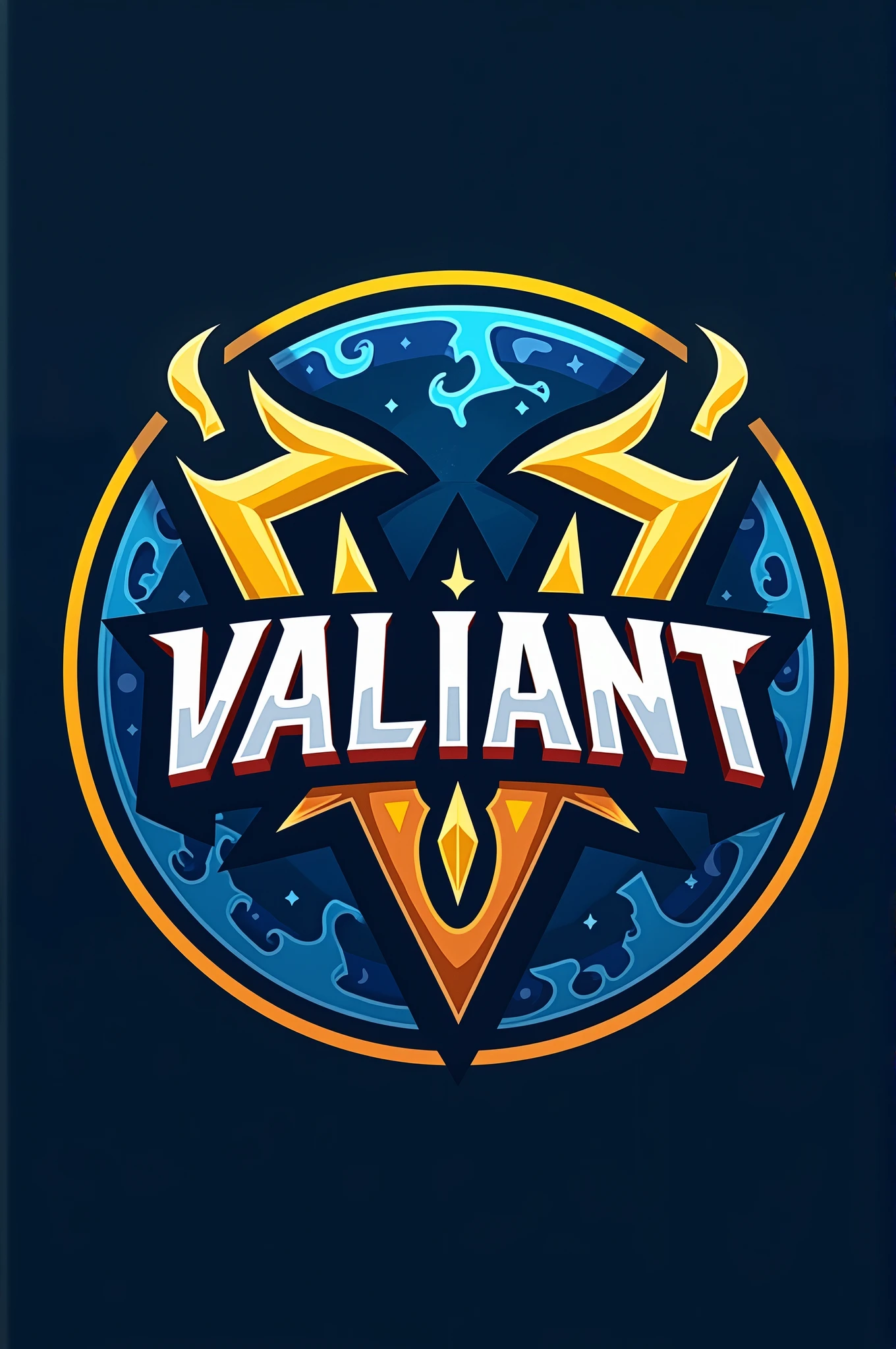 Logo of a Valorant Esport team, round, blue and yellow, "valiant", ancien csgo player 