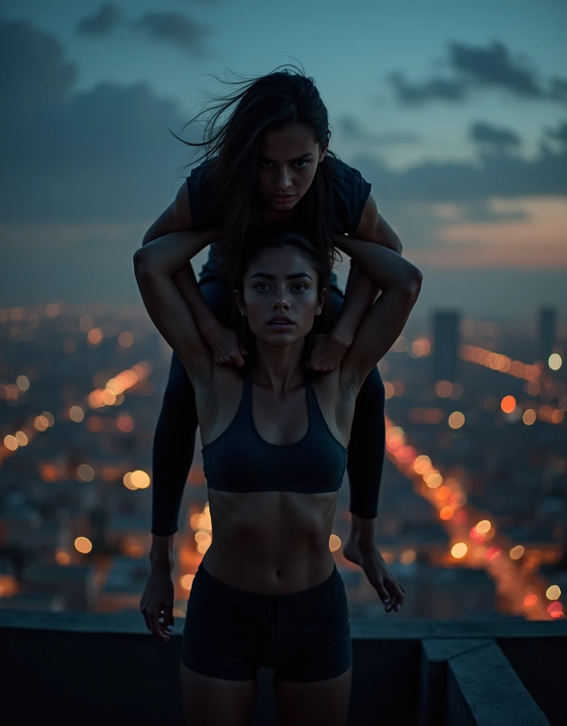 a young woman lifting a scared man over her head, standing on a rooftop near the edge, beautiful detailed face and muscles, (best quality,4k,8k,highres,masterpiece:1.2),ultra-detailed,(realistic,photorealistic,photo-realistic:1.37),hyperrealistic, muscular female figure, dramatic lighting, cinematic composition, intense expression, rooftop setting, cityscape background, tense and thrilling atmosphere
