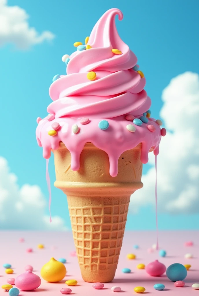Create a cone with a round pink pastel ball on top of the cone. On top of the ice cream, a bubble gum sauce and colorful chips