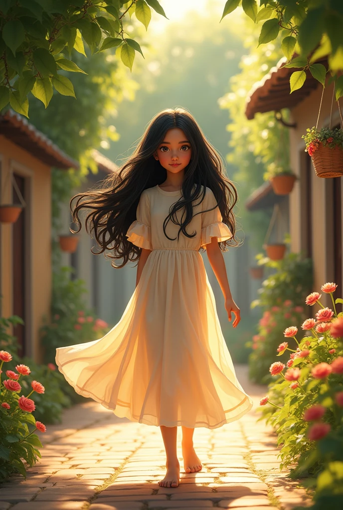 A Bangladeshi young girl, dressed in a flowing, pastel-colored dress, is standing in a lush forest during the golden hour. The light filters softly through the trees, casting a warm, ethereal glow. She is surrounded by wildflowers and tall grasses, with some petals gently floating in the air. The girl’s expression is peaceful, with a slight smile, and her hair flows freely in the breeze. In the background, you can see a small, clear stream reflecting the sunlight, adding a touch of sparkle to the scene. The overall color palette should be soft, with greens, yellows, and hints of pink and lavender