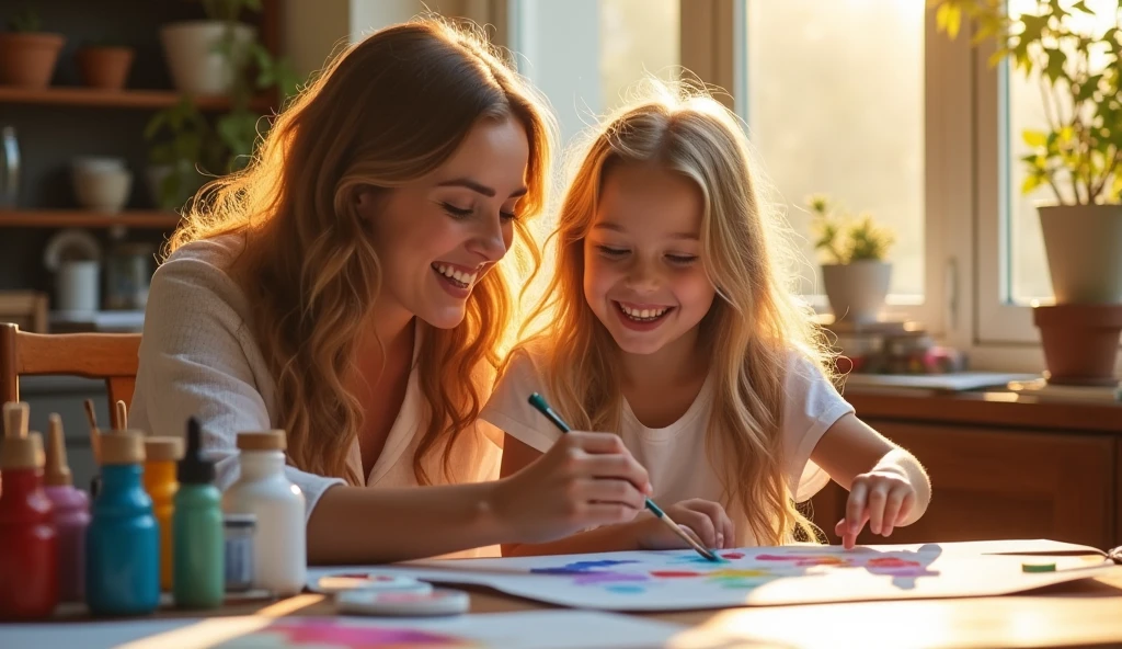 A beautiful mother and daughter painting together in an artistic watercolor environment, sunlight streaming through the window, art supplies on the table, both smiling and enjoying the moment, detailed facial features, realistic, vivid colors, warm lighting, high quality, masterpiece, portrait