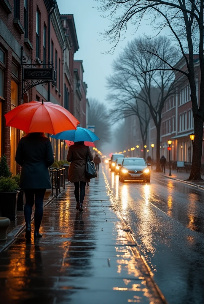 "A serene, rainy day in a quiet city street. The sky is overcast with dark, heavy clouds, and rain pours down steadily, creating ripples in puddles on the pavement. Buildings line the street, their windows reflecting the raindrops. People are walking under colorful umbrellas, and a few cars pass by, their headlights reflecting off the wet road. The scene is calm and peaceful, capturing the beauty of a rainy day."