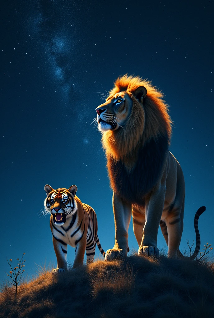 A lion on a dark and starry night on the sheet and from where the stars in the background a saber-toothed tiger in great spirit.
