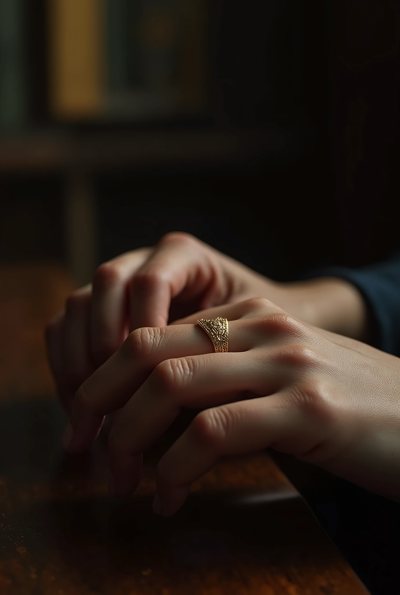 (close-up, editorial photograph of [[a close-up gold ring on your finger, realistic hands, (masterpiece:1.2), wide angle photo]], (background inside dark, moody, private study:1.3), full body portrait, by lee jeffries, nikon d850, film stock photograph, 4 kodak portra 400, camera f1.6 lens, rich colors, hyper realistic, lifelike texture, dramatic lighting, cinestill 800