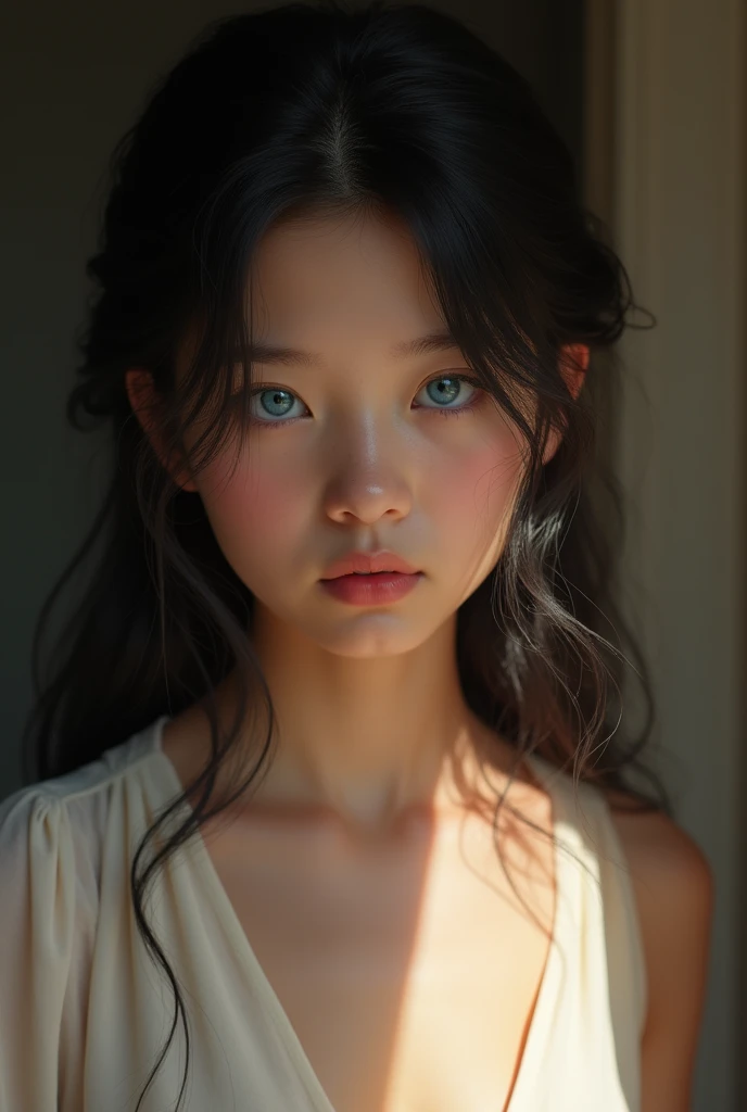 realistic photo Beautiful girl slim girl body Blue eyes black hair color cute shine very pale skin color realistic Naked in the palace sunlight reflection tunue realistic natural cinematic image in 8K shadows realistic. detailed natural lighting natural pores colors
