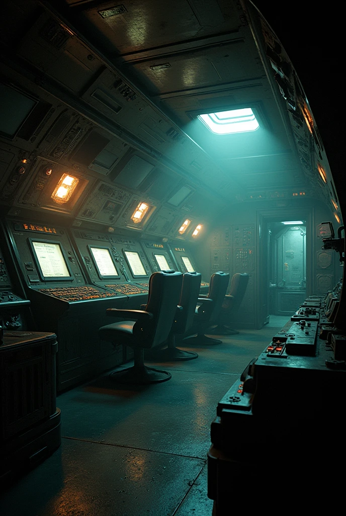 dark sci fi space ship interior nostromo, alien Prometheus movie style, slightly messy retro futurism realistic cockpit bridge hazy atmosphere