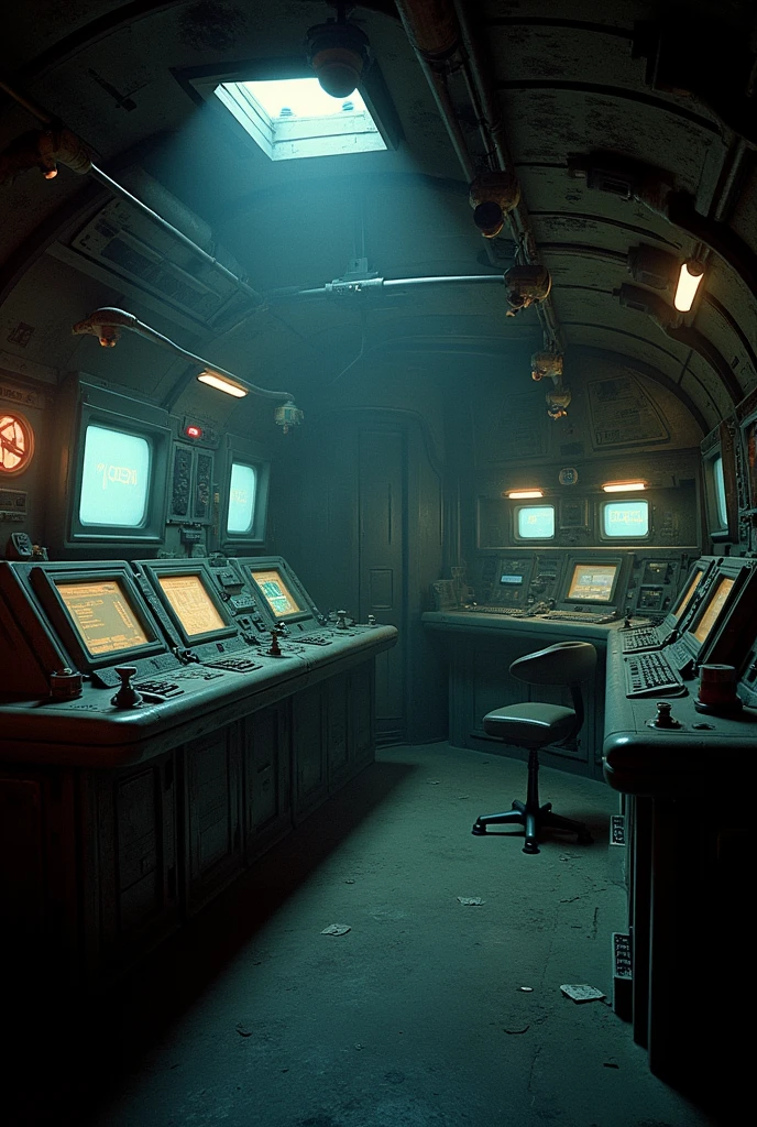 dark sci fi space ship interior nostromo, alien Prometheus movie style, slightly messy retro futurism realistic cockpit bridge hazy atmosphere