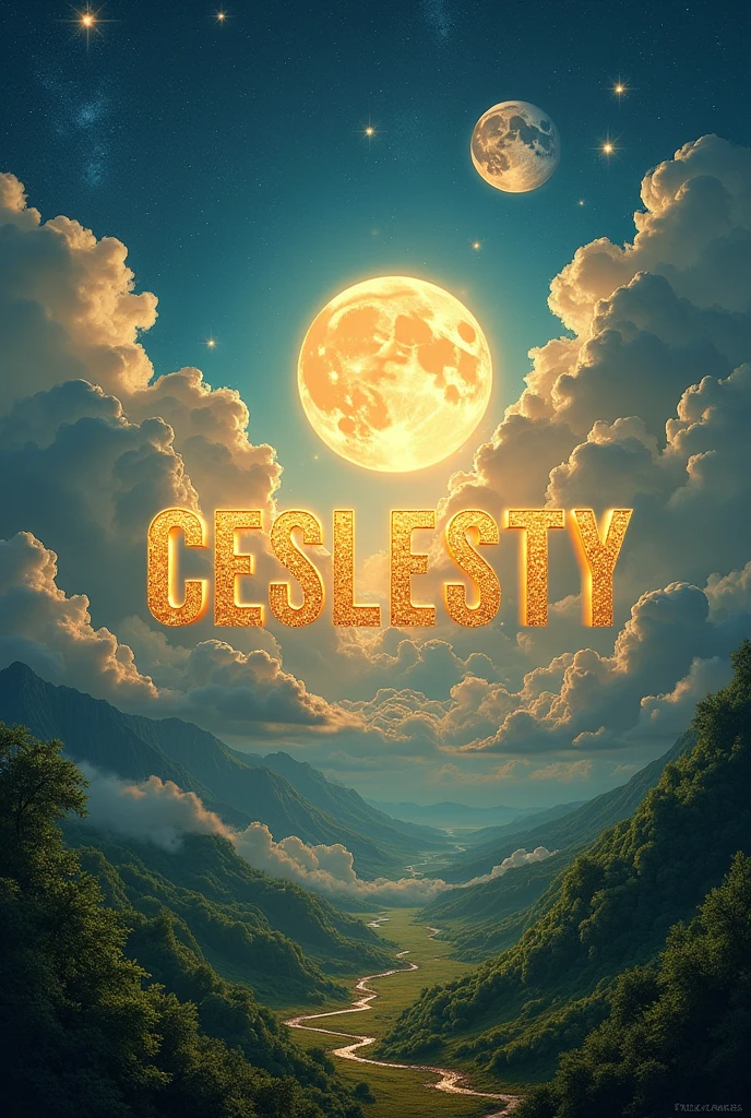 Écrire en majuscule. CESLESTY couleur or
Sur la planète terre et la Lune qui brille fort et le soleil à son zénith