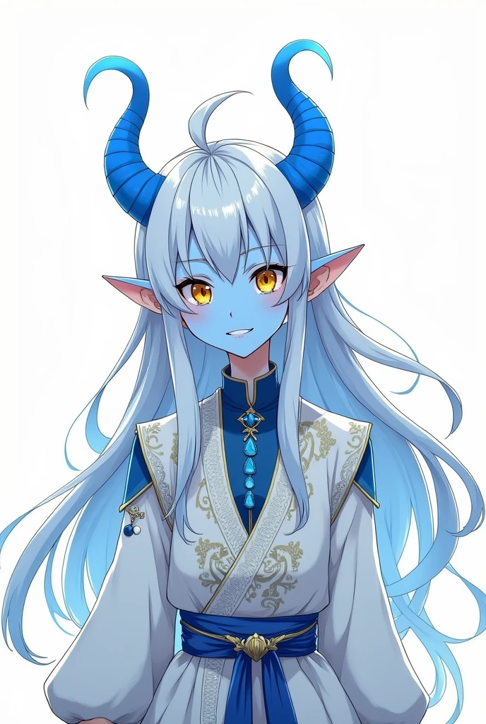 (detailed face and eyes:1.3)), anime boy, blue skin, long hair, white hair, four eyes, golden eyes, androgynous, pointy ears, white medieval clothing, blue horns coming out of his forehead, messy bangs (pretty smile:1.4), (sadic grin:1.3), ,white background,ink,Ultra-detail,(highres:1.1),best quality,(masterpiece:1.3),cinematic lighting,(((picture perfect))), (absurdres)