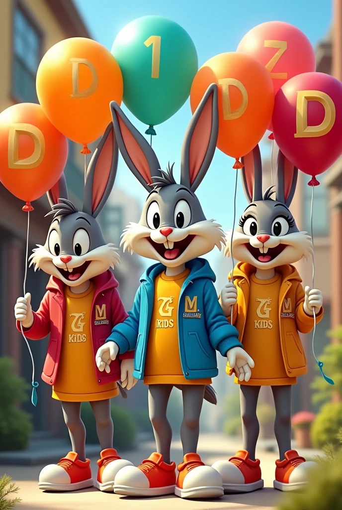 Cartoon or Looney Tunes characters wearing designer clothing, with a brand name on the clothes that says DGOLD KIDS.
The characters are holding balloons that also say DGOLD KIDS, the balloons are colorful, and the letter D is gold colored with a slight shine.