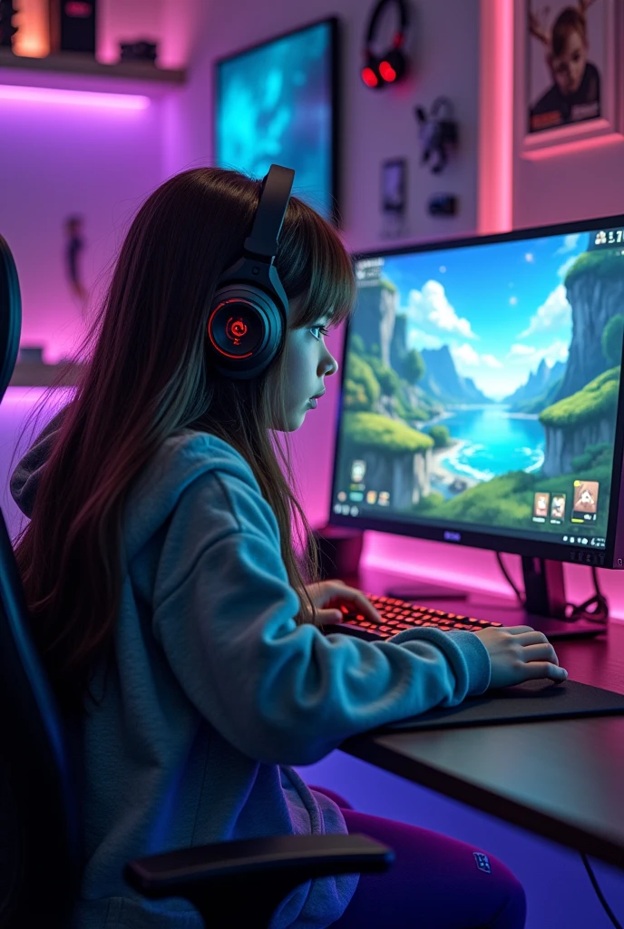 A girl with dark brown hair playing Genshin Impact on the computer