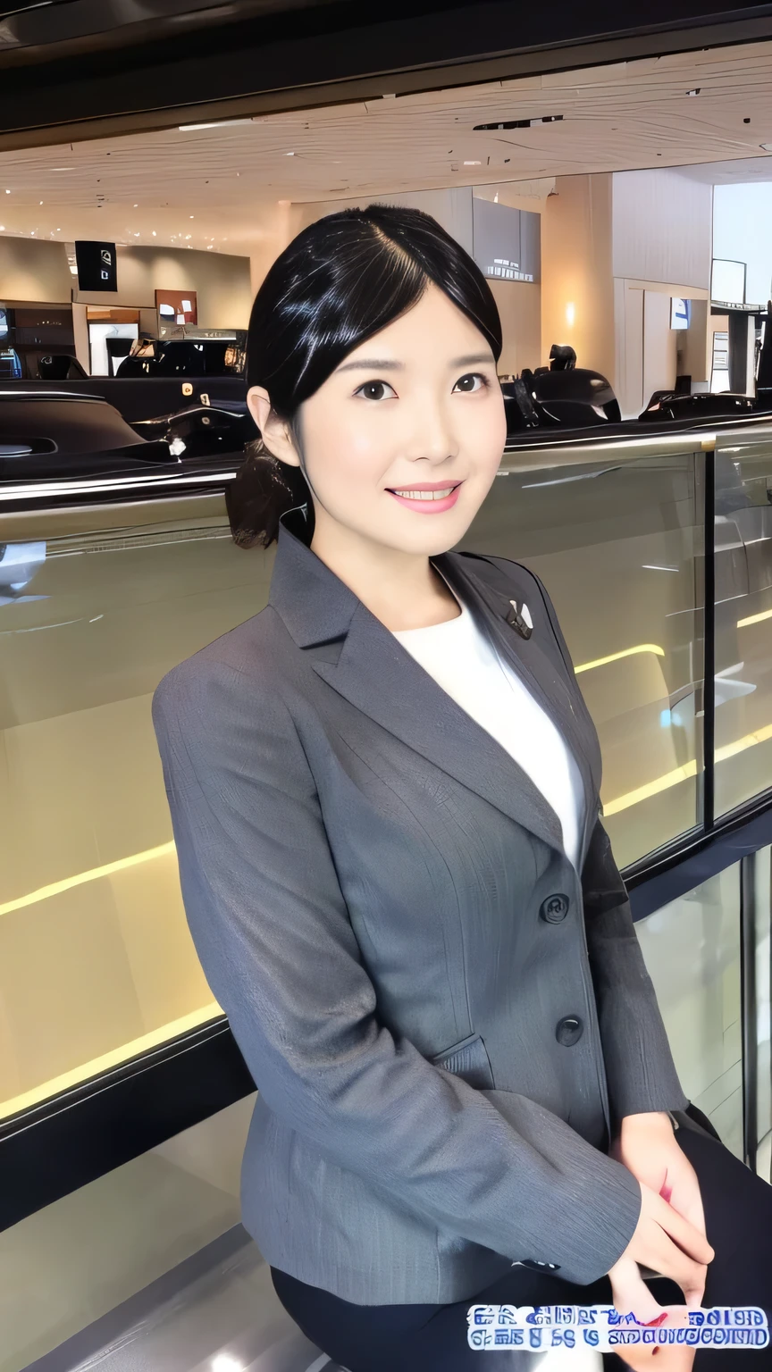 Beautiful Japanese Woman、30 years old、Concierge, At the information counter,Beautiful mature woman、上品なsexlyさ、sexly、Dark grey blazer、Black cotton long tight skirt、smile、Round face、updo、Thighs、