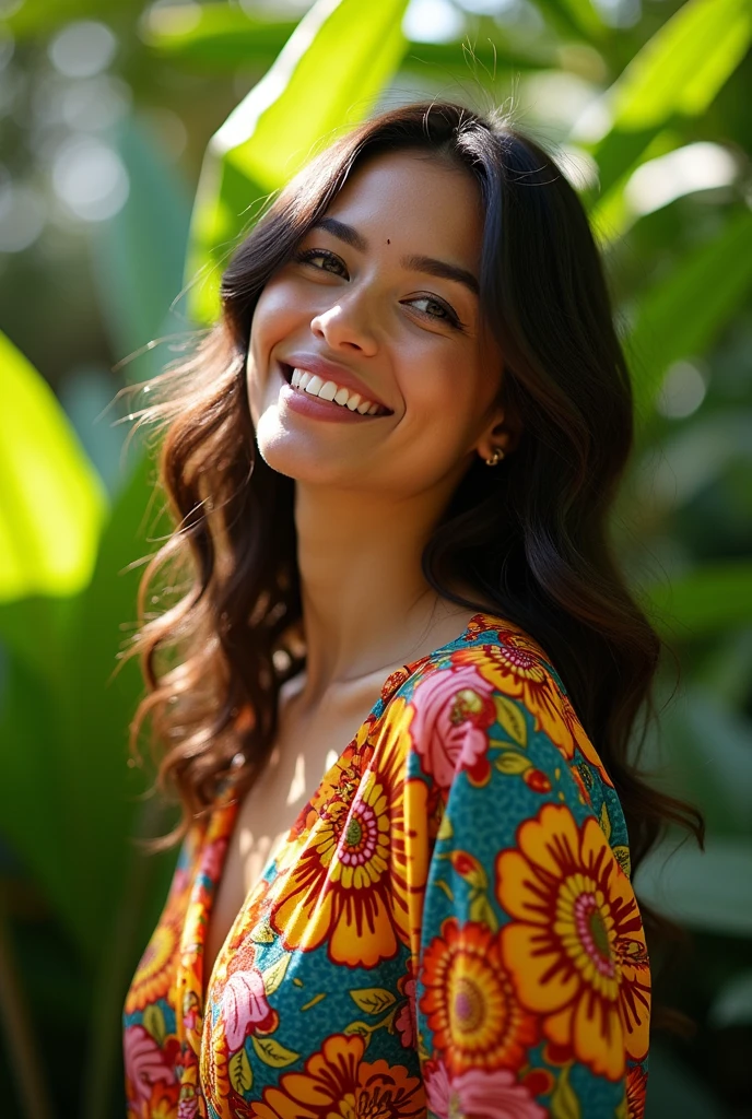 A Brazilian woman in a lush tropical garden, wearing an open shirt with a floral print, with a close-up capturing the harmonious beauty between her breasts and the natural flowers, showing off your natural charm and outgoing personality.