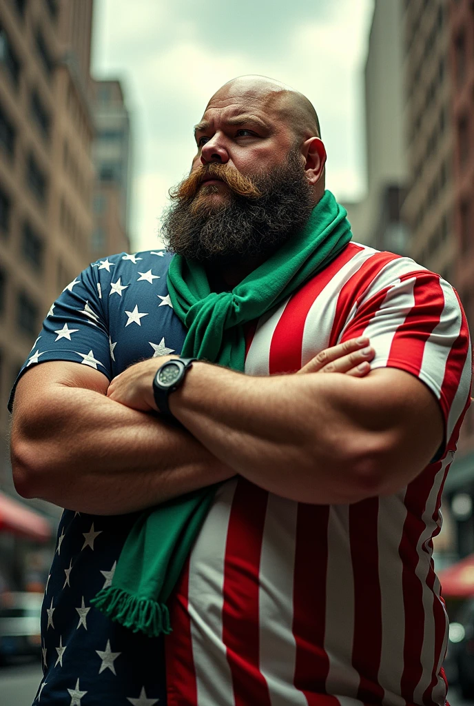 Fat Man, powerful with a beard, with the American flag and a green scarf against abortion, white skin