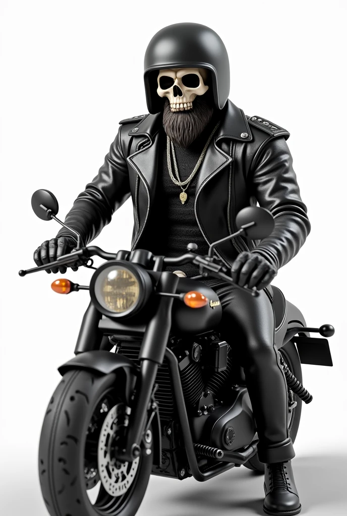 3d type image in drawing, Caveira with a beard, black motorcycle helmet, skeleton body, black leather vest open over a black leather jacket, silver soldier-style cord, sitting on a low black motorcycle with high handlebars with a white background.