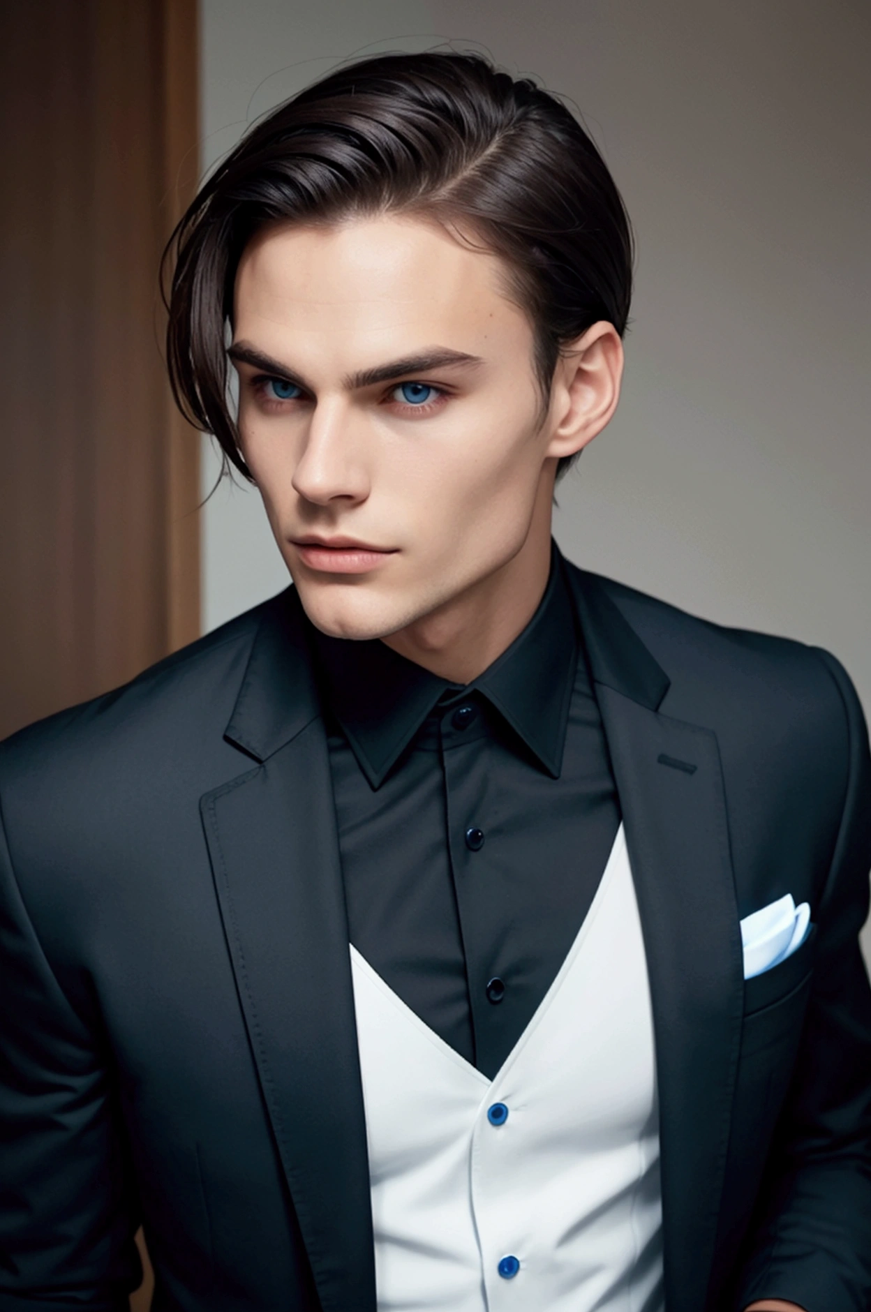 athletic man with dark brown hair, a strong jawline, and blue eyes, dressed in a matching black suit