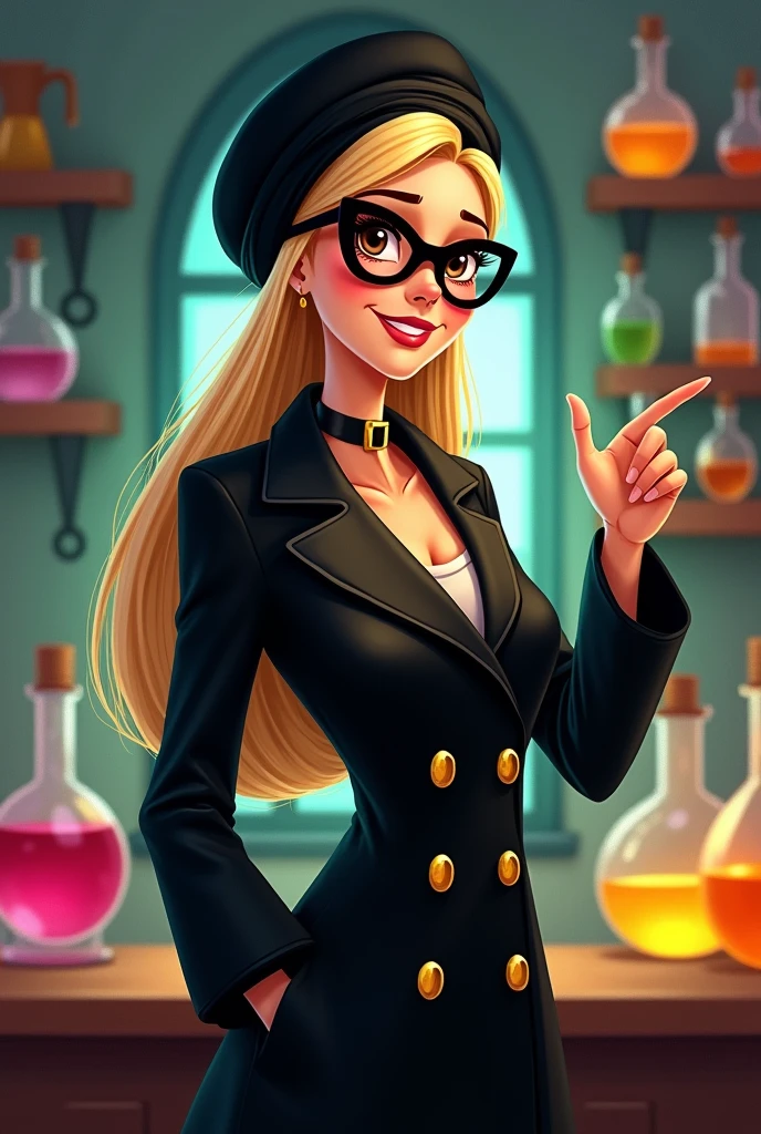 Make a Disney style drawing, professional in a black lab coat, rectangular golden brooch, with a black mask and black gloves, straight blonde hair, comprido, eyes browns, wearing a black turban, natural round, Round face, chubby, mature woman in her 50s, with hands pointing to the right side