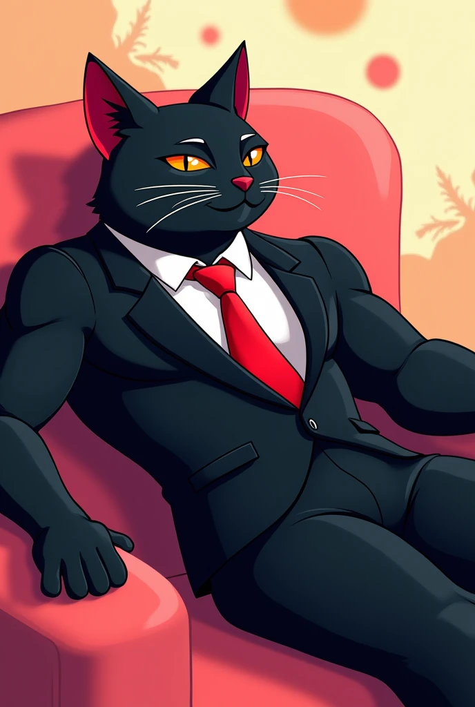 black male cat humanoid body, muscled body, black suit red tie lying down digital drawing, cartoon character