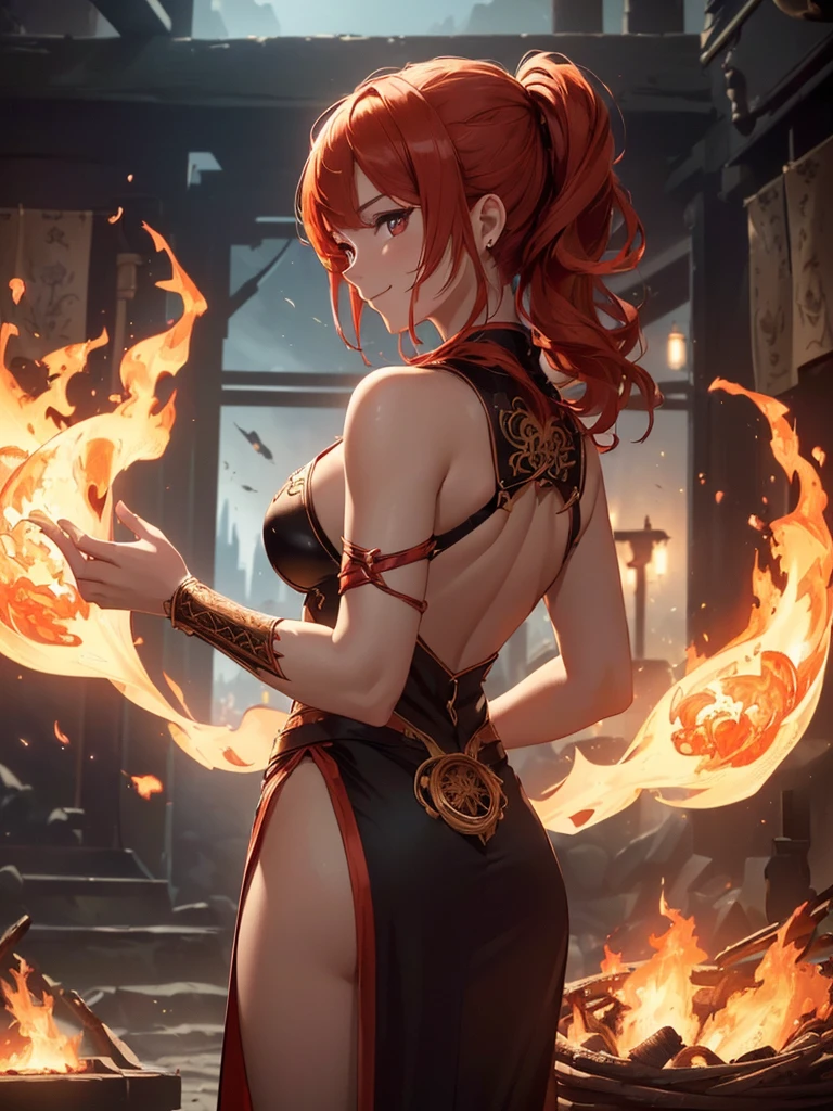 (((best quality, sharp image, clear image, cinematic lighting, 8k resolution, masterpiece, ultra detailed, intricate))) Girl, (((looking over left shoulder))), (shot from behind), fire mage, ((intricate background)), ((chaotic background)), red hair, smiling, ((flame runes, flame sigils))