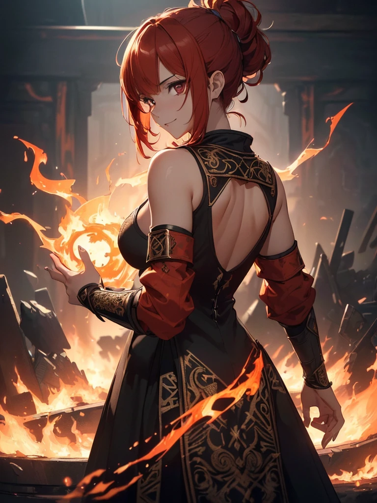 (((best quality, sharp image, clear image, cinematic lighting, 8k resolution, masterpiece, ultra detailed, intricate))) Girl, (((looking over left shoulder))), (shot from behind), fire mage, ((intricate background)), ((chaotic background)), red hair, smiling, ((flame runes, flame sigils))