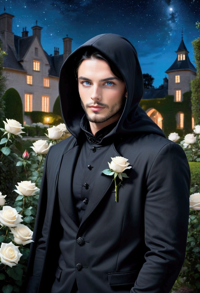 a young handsome european man black hair short beard blue eyes wearing a black noble cloth with hood cover his head with black gloves with a white rose brooch in the white roses garden at night with a manor house in the background with a stars