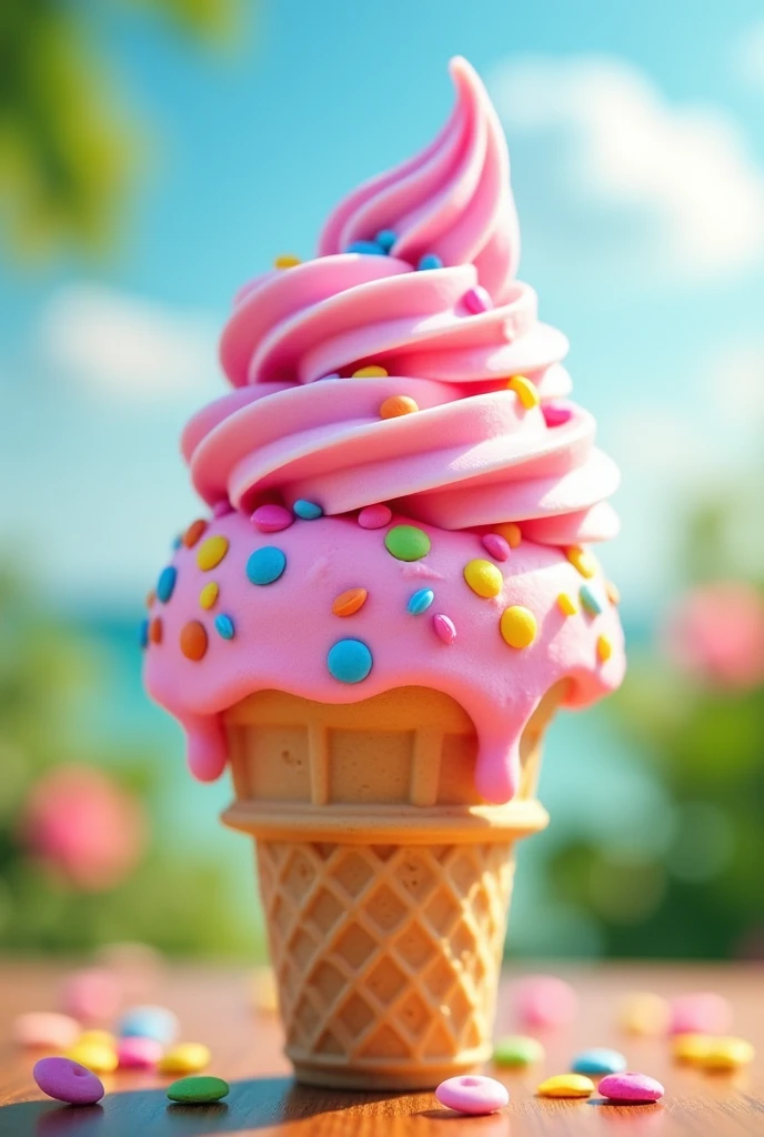 Create a cone with pink pastel cream in the shape of a sphere on top of the cone. On top of the ice cream, a bubble gum sauce and colorful chips