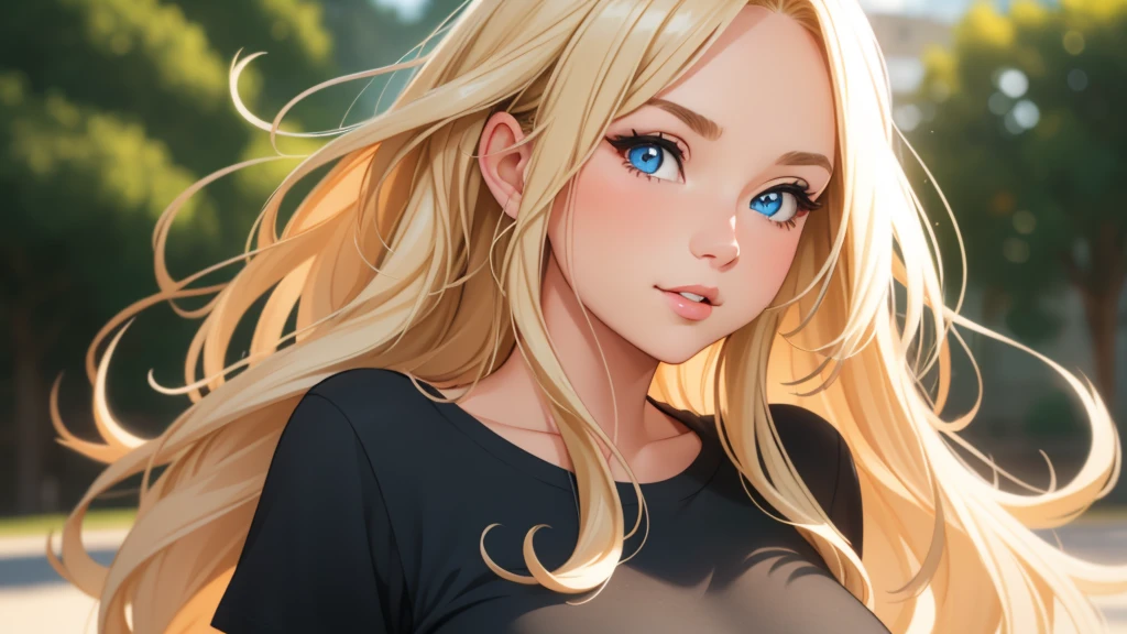 "Create a portrait of a young woman standing outdoors with a confident and warm expression. She has long, wavy blonde hair with a center parting, and she is wearing a simple black t-shirt. The background is a blurred, natural outdoor setting, with soft lighting highlighting her face. The overall mood of the image should be vibrant and engaging, capturing her bright blue eyes and natural makeup look. Ensure the composition focuses primarily on her upper body and face, with the background slightly out of focus to emphasize her features."