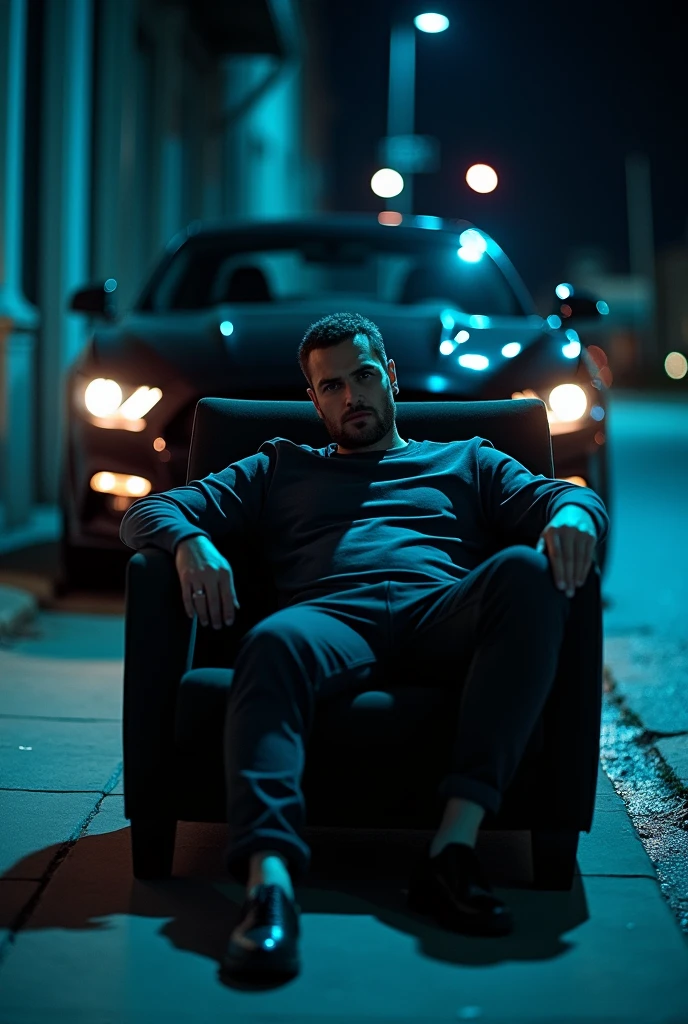 A man sits facing the camera in an armchair on the sidewalk with a black Mustang parked behind and a streetlight illuminating., The landscape is nighttime.
In a wide shot
