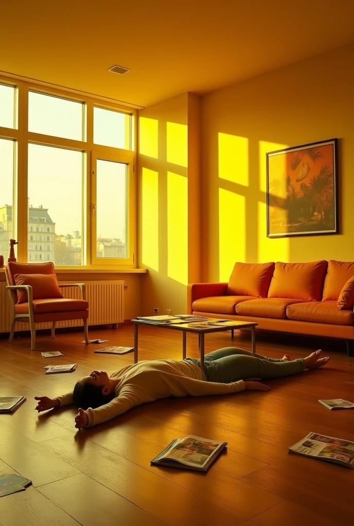 Spacious Russian modern flat. The image is made in yellow, warm colours. Two corpses lie on the floor.