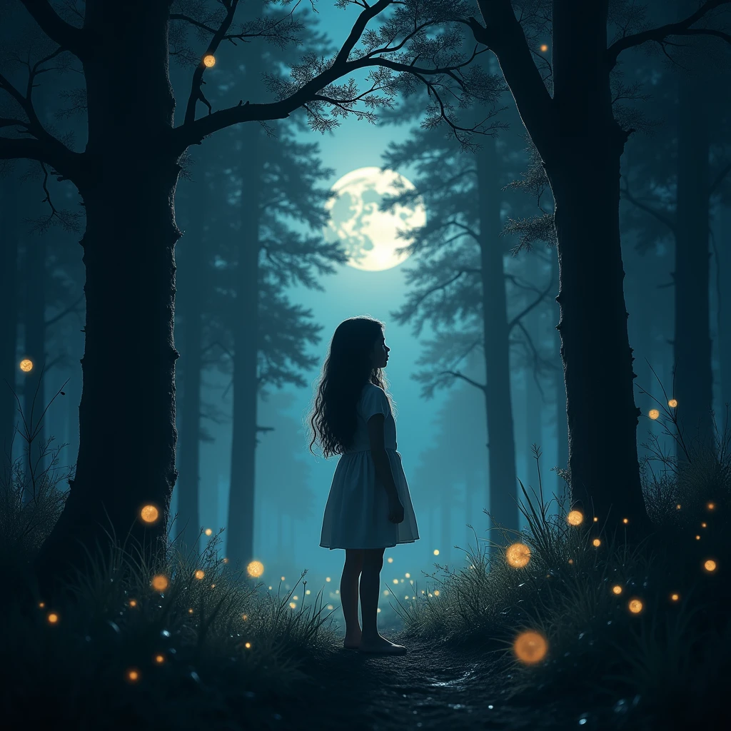 Create an image with a creative background inspired by a night forest with a girl's back. Name the image "Echoes by BlesiDj".