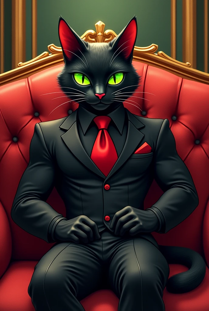 black male cat humanoid body, muscled body, black suit red tie lying down digital drawing, cartoon character