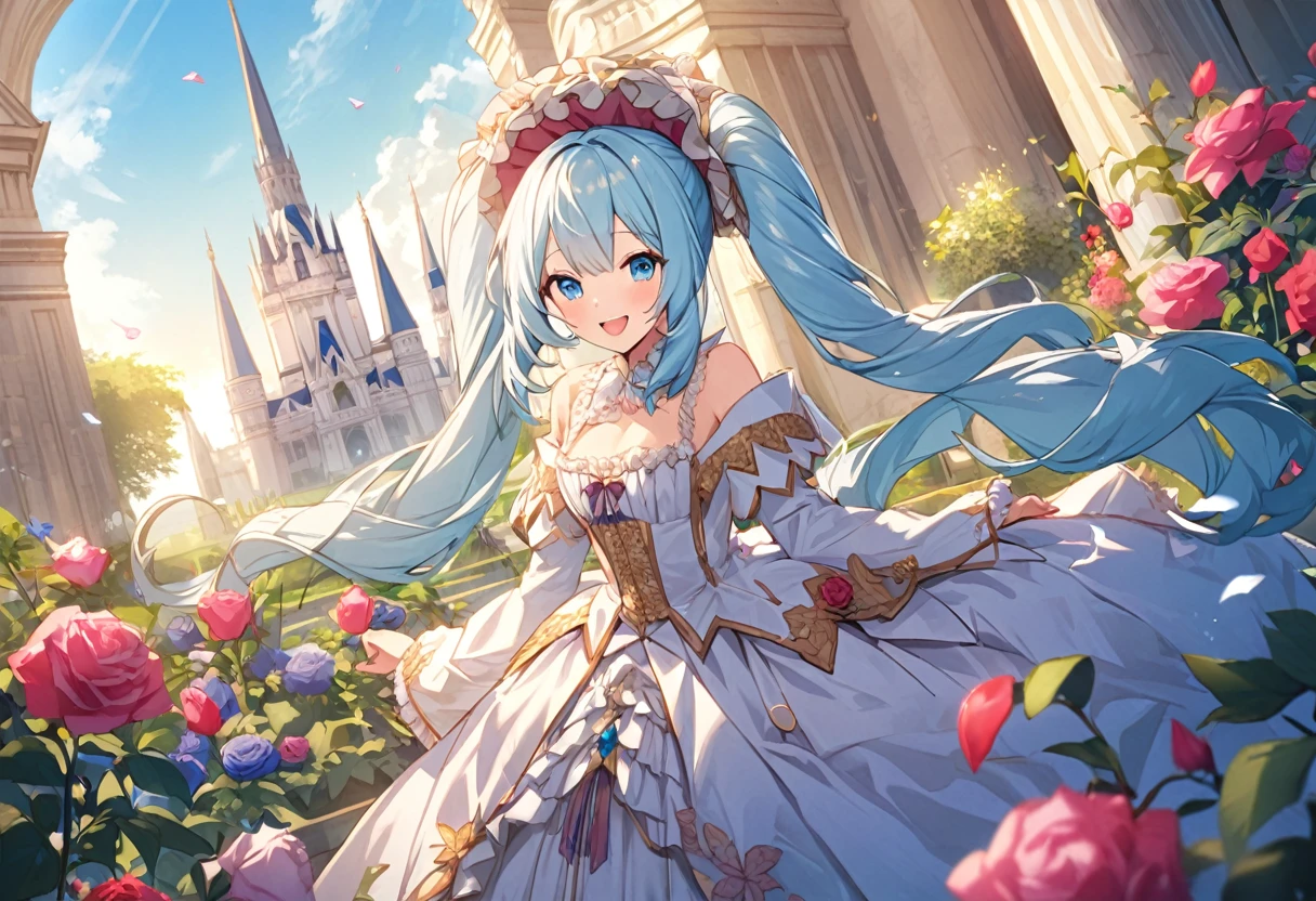 Light blue long hair、Beautiful girl with twin tails、Marie Antoinette costume、Magnificent imperial attire、Bright smile、The vast gardens of a grand castle
