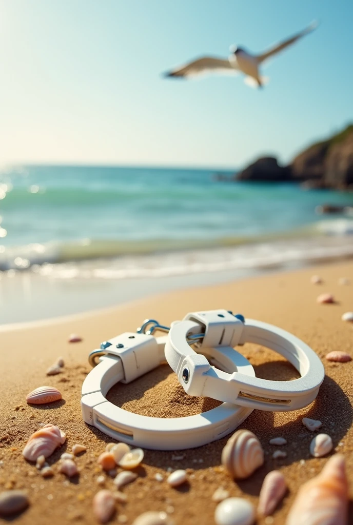 Lying on the beach are white wide leather handcuffs