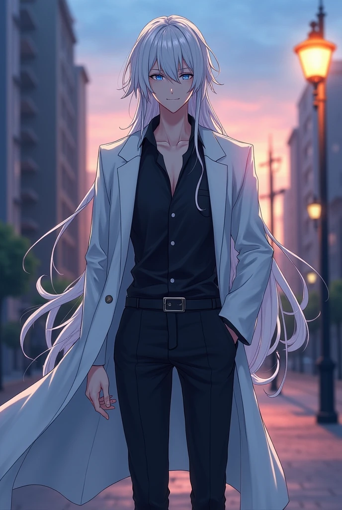 Tsuke is a tall man, pale skinned, blue eyes and long white hair with strands falling over her shoulders. His hair is parted in a fringe that covers his left eye and he always has a slight, gentle smile on his face.. He wears a black blouse, a white coat on top, black pants and black shoes.