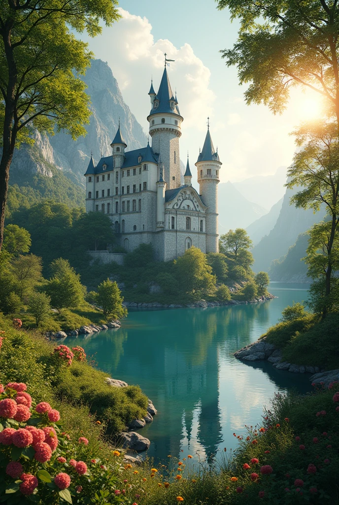 White medieval castle in the forest by the lake,
Beautiful, Sunny, professional photo, Octane rendering,color illustration,in contrast, 8k, HDR, A digital masterpiece, high detail,bright lighting computer graphics, Digital art ,