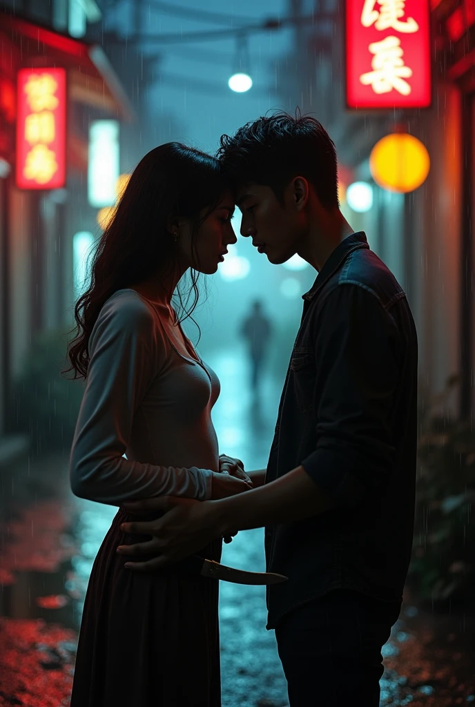 asian couple in front of each other, the man giving her a kiss on the forehead while stabbing her in the stomach